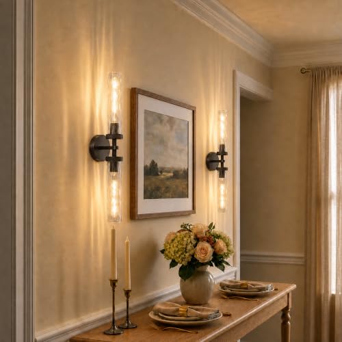 Bathroom Sconces 24in Black Sconces with Water Ripple Glass (2 Count)