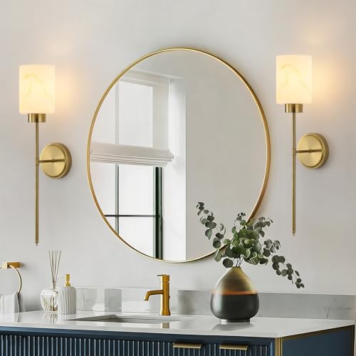 Gold Wall Sconces Set of 2 with Marble Glass Shade