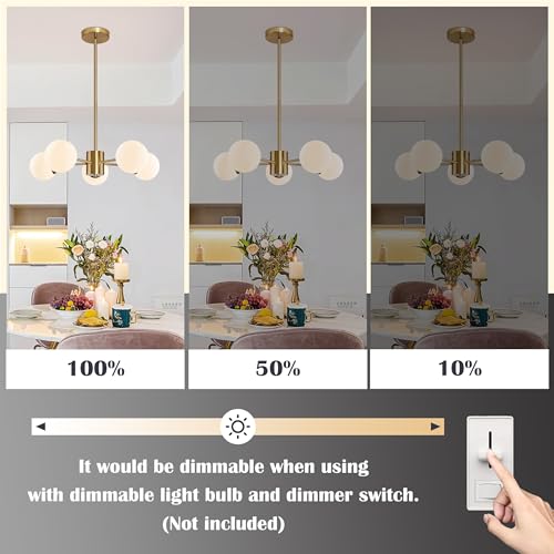 5 Light Globe Sputnik Chandelier Mid Century Sputnik Chandeliers Modern Gold Globe Pendant Light Brushed Brass Finished with White Frosted Glass Lampshade for Dining Room Bedroom Kitchen