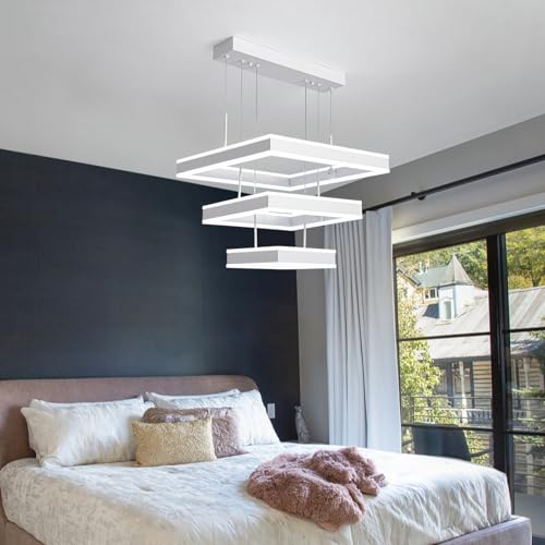Modern LED Chandeliers White Square Rings Pendant Light Fixture with Hanging Cord Flush Mount Square Modern Chandeliers for Kitchen Island Dining Room