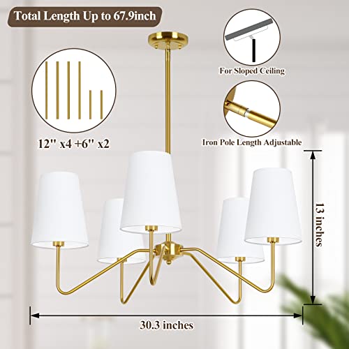 5 Light Gold 30” Modern Chandelier with White Shades for Dining Room