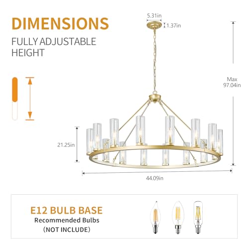 16 Light Large Wagon Wheel Chandelier with Clear Glass Shade Gold Round Pendant Light Farmhouse Industrial Chandeliers Dining Room Light Fixture for Stair Living Room Foyer Kitchen