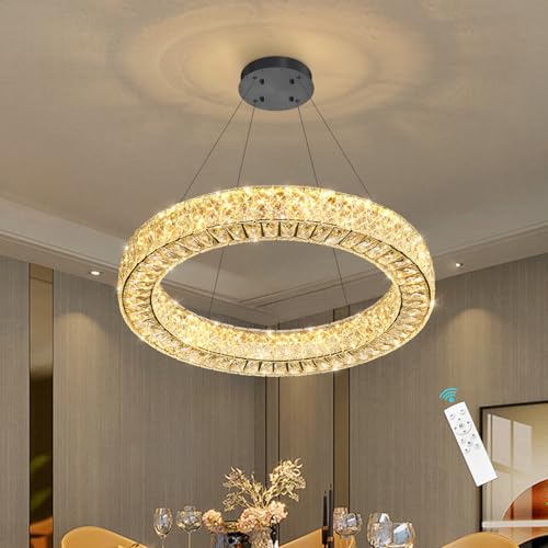 Modern Round Crystal Chandelier Remote Dimmable Ceiling Light Fixture for Dining Room Living Room Kitchen Island Black