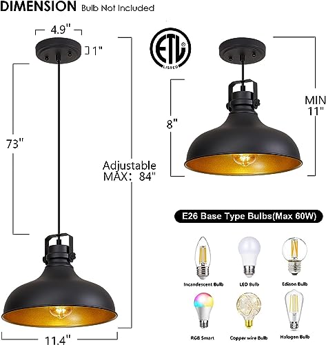 Black Farmhouse Pendant Lights Kitchen Island Fixtures (2 Count)