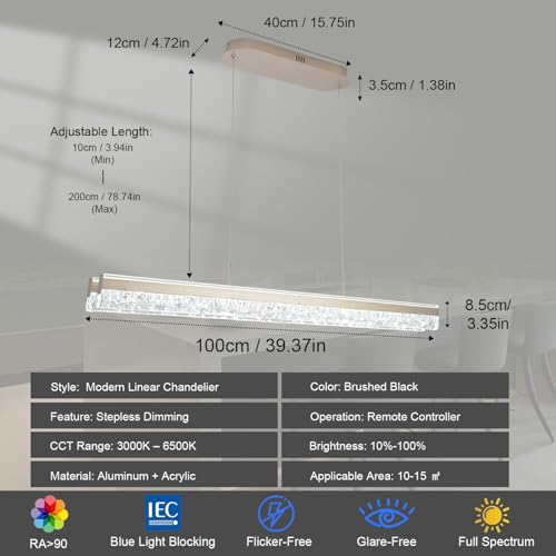Modern Chandelier Gold Led Crystal Linear Pendant Lights Kitchen Island Lighting Minimalist Dimmable Ceiling Hanging Light Fixture Dining Room with Remote Control