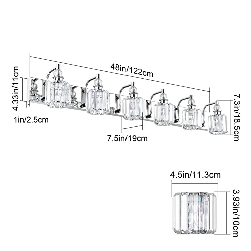 Crystal Vanity Lights 6 Light 48" Modern Crystal Bathroom Lights Fixtures Over Long Mirror Stainless Steel Chrome Vanity Light for Bathroom Wall Lights Fixtures