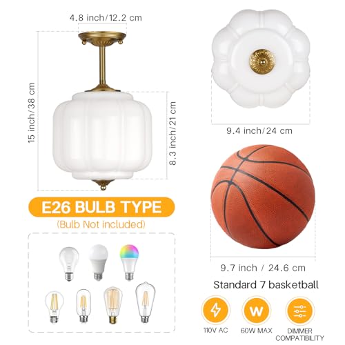 9.4" Milk Glass Semi Flush Mount Ceiling Light Fixture