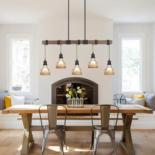 5 Light Kitchen Pendant Lighting Over Island Rustic Solid Wood