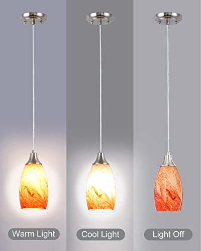 Art Glass Mini Pendant Lights Kitchen Island Marble Glass Pendant Light Shade with Brushed Nickel Finish Ceiling Hanging Lights for Kitchen Over Sink