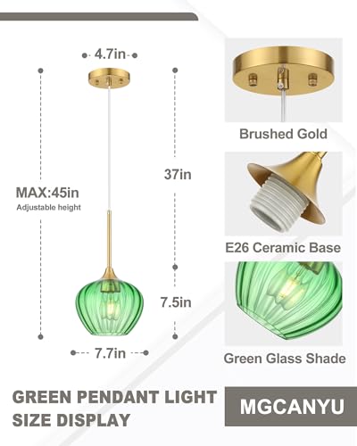 Green Glass Pendant Lights Kitchen Island with Brushed Gold Finish