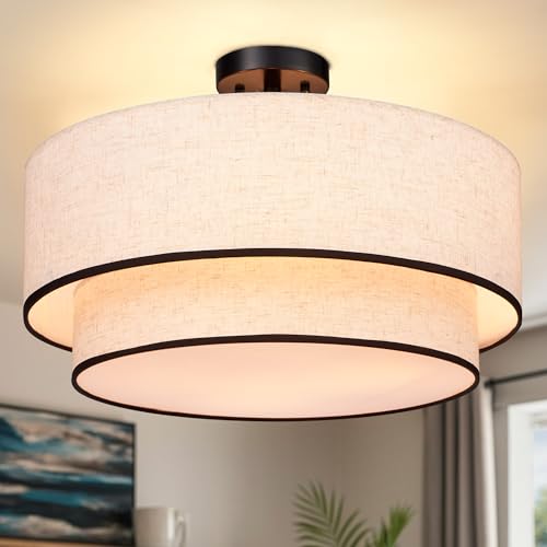 20 inch Semi Flush Mount Ceiling Light Fixture with Fabric Shade