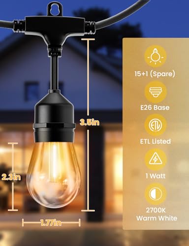 Outdoor String Lights 50 FT Outside LED Patio Light E26 Waterproof (50 Foot)