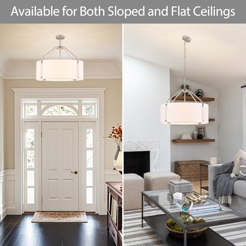 23Inches Large Drum Chandelier with Metal and White Linen Fabric Shade