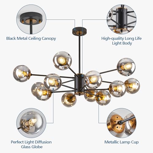 12 Globe Glass Bubble Black and Gold Modern 2 Tiered Sputnik Chandelier