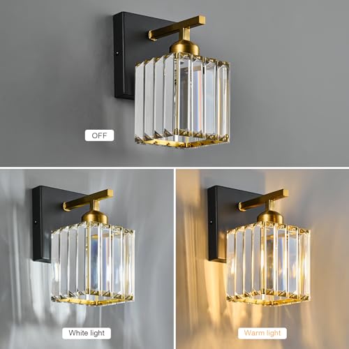 Modern Wall Sconce Set of Two Indoor Wall Lamp Black Gold Wall Sconces Crystal Wall Light Bathroom Vanity Light Fixtures Wall Mounted Room Sconce Wall Lighting (2 Count)