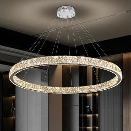 Modern LED Dimmable Crystal Chandelier 47.5" Ring Pendant Light Adjustable Round Chrome Crystal Chandelier for Dining Room Living Room