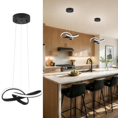 LED Chandelier Modern Pendant Light Fixture 2 Pack Simple Irregular Streamline Ring Light Black with 4500K and 59" Height Adjustable Hanging Lamp for Kitchen Island Hallway Foyer Corridor