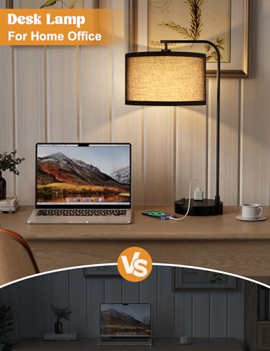 Black Table Lamp for Bedroom with USB Port and Outlet