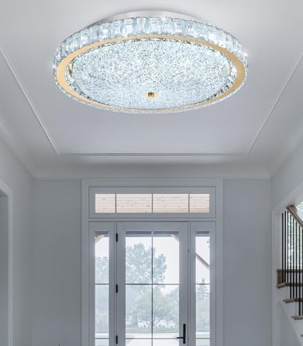19.6" Modern Crystal Chandelier Dimmable LED Flush Mount Ceiling Light with Remote Control for Living Room Dining Room Bedroom Hallway Foyer Gold