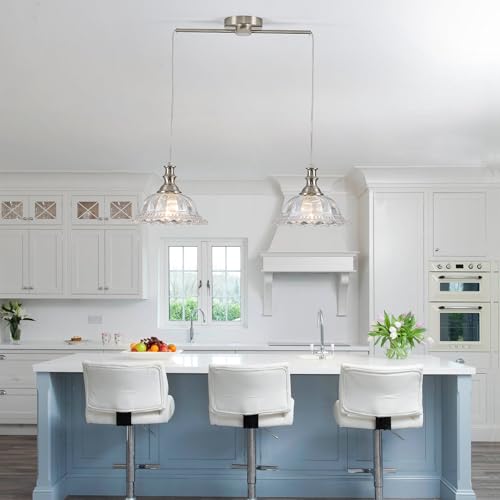 2 Light Pendant Light Fixtures Modern Glass Hanging Lights with Adjustable Cord for Kitchen Island Dining Room Living Room Hallway Brushed Nickel Metal