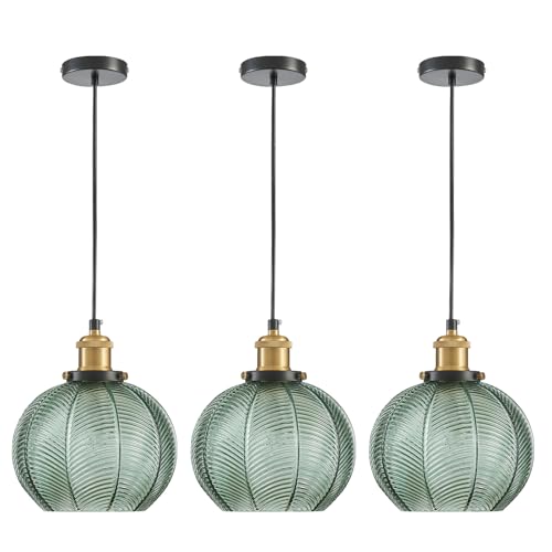 Vintage Green Ribbed Glass Pendant Lights for Kitchen Island 3 Pack (3 inch(es))