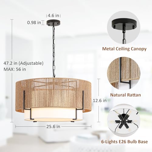 25.6" Large Rattan Chandelier for Dining Room