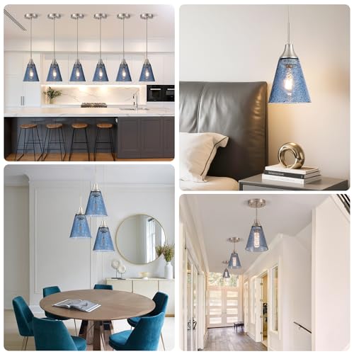 5.9" Glass Pendant Light Dark Blue Seeded Glass Hanging Light