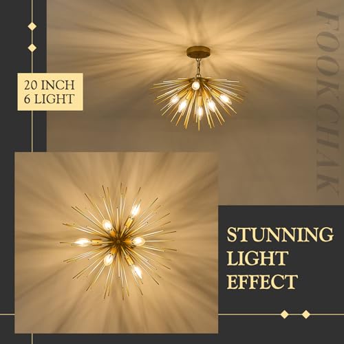 Gold Sputnik Ceiling Light 6 Light Starburst Light Fixture Solid Metal
