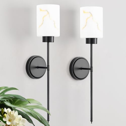 Black Wall Sconces Set of 2 with Marble Glass Shade
