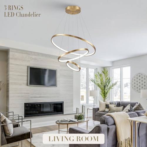 3 Rings LED Chandeliers Modern Gold Chandelier Dimmable Flush Mount Pendant Light Fixture Remote Control Contemporary Pendant Chandelier for Dining Room Bedroom Foyer
