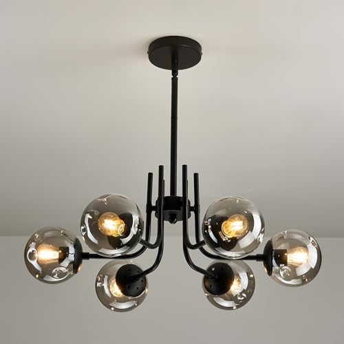 6 Light Glass Globe Sputnik Chandeliers Modern Matte Black Ceiling Light Fixture Semi Flush Mount Ceiling lamp for Living Room Dining Room Farmhouse Bedroom Kitchen