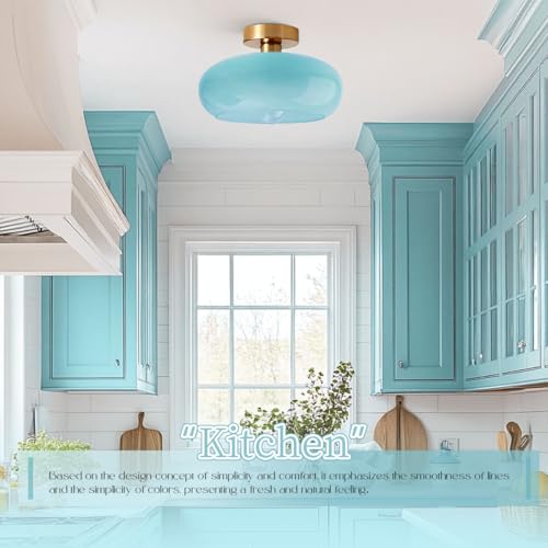 Blue Close to Ceiling Light Fixtures Vintage Flush Mount Ceiling Lights 11" Round Dome Thickened Glass Shade Gold Mid Century Semi Flush Mount Light Hallway Entrance Lighting Fixture
