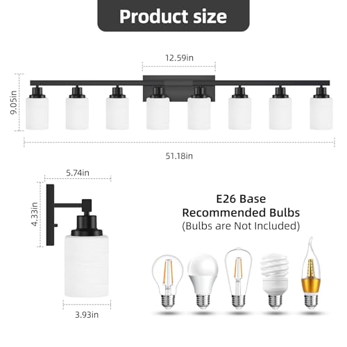 8 Light Bathroom Light Fixtures Over Mirror Black Vanity Light 52in (8 Count)