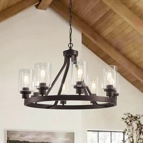 8 Light Farmhose Chandelier for Dining Room Light Fixture Oil Rubbed Bronze Kitchen Pendant Light Round Rustic Ceiling Hanging Lighting with Glass Globes Adjustable Height Metal E26