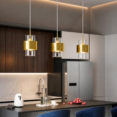 Modern Gold Pendant Lighting Indoor Kitchen Island Pendant Light Glass Shade Ceiling Light Fixtures for Bedroom Dining Room Living Room (3 Count)