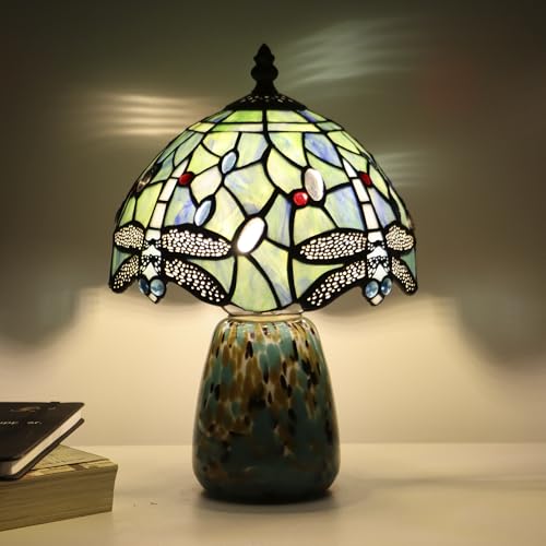 Tiffany Mushroom Table Lamp Dragonfly Style Sea Blue Stained Glass Accent Lamp Brown Blue Glass Base 8X8X12 Inch
