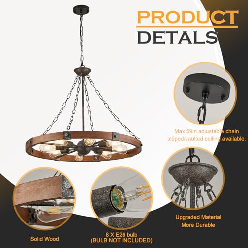 Farmhouse Wagon Wheel Chandelier 31.5" Walnut Rustic Chandeliers 8