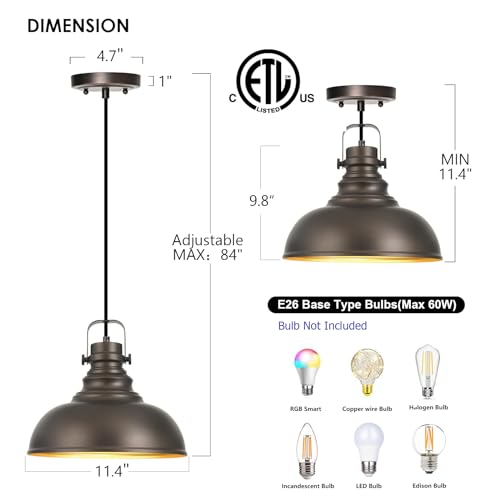 2 Packs Farmhouse Pendant Lights Kitchen Island Adjustable Pendant Light Fixtures Rustic Industrial Hanging Lamp (2 Count)