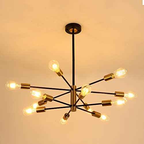 12-Light Modern Sputnik Chandelier, Mid Century Black Gold Ceiling Chandeliers, E26 Base,Branch Height Adjustable Pendant Lighting Fixture for Kitchen Island Dining Room Living Room Bedroom