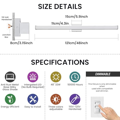 Modern LED Bathroom Vanity Light 48 inch 32W Dimmable 3CCT Bathroom Light Fixture Over Mirror Rectangle Bath Vanity Light Bar with Double Layer Acrylic Shade (48 inch(es))