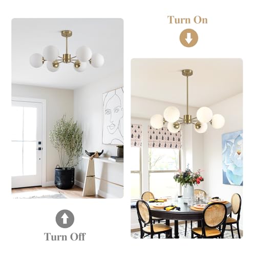 6 Light White Milk Glass Chandelier Brass Gold Sputnik Ceiling Light