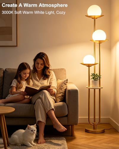 3 Light Globe Floor Lamp with Shelf Modern Dimmable Floor Lamps for Reading (3 Count)