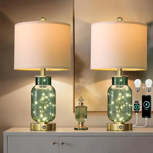 22" Glass Table Lamps Set of 2 with Night Light for Bedroom (2 Count)