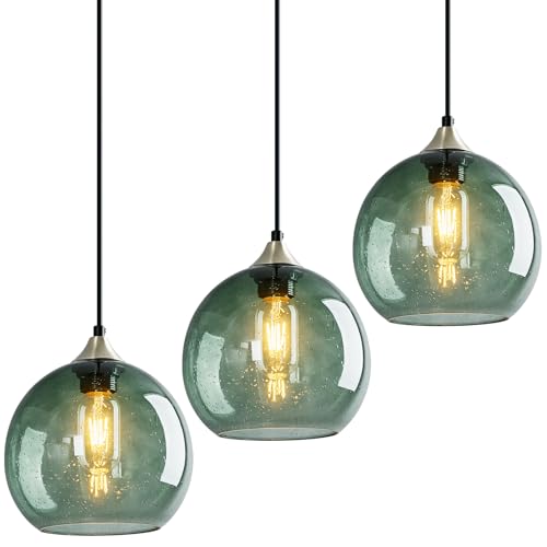 Gray Green Glass Pendant Lights Kitchen Island Lighting Globe Pendant Light Fixtures Modern Pendant Lighting for Kitchen Island Bedroom Living Dining Room Light Fixture (3 Count)