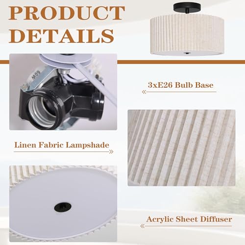 3 Light Semi Flush Mount Ceiling Lights Fixture 16 Inch Drum Light Fixture Drum Ceiling Lights with Pleated Fabric Shade Black Close to Light Fixtures for Hallway Living Room