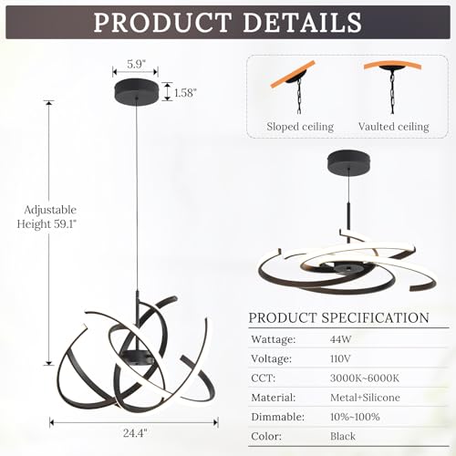 Black Modern Sputnik Chandelier with Remote Control