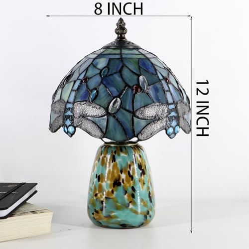 Tiffany Mushroom Table Lamp Dragonfly Style Sea Blue Stained Glass Accent Lamp Brown Blue Glass Base 8X8X12 Inch
