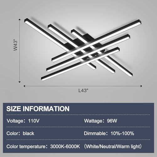 43" Black Modern LED Ceiling Light Fixtures With Remote