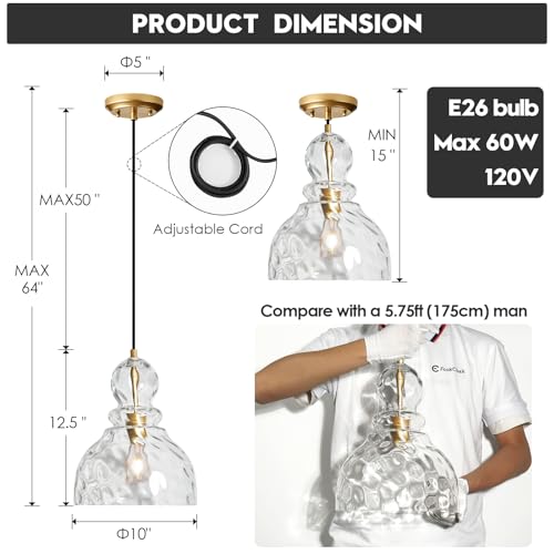 Hammered Glass Pendant Light Gold Pendant Lights Kitchen Island 10in Large Brass Kichen Island Light Over Sink Glass Ceiling Pendant Light for Entry Hallway Dining Room