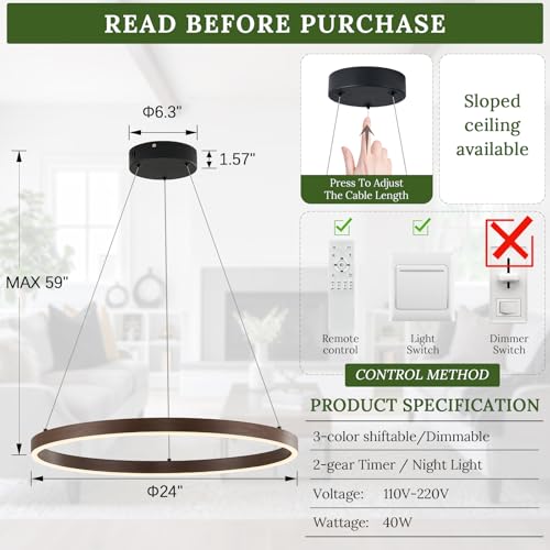 LED Ring Chandelier Walnut Wood Chandeliers 24in Dimmable